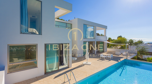 Contemporary luxury villa with amazing view and sunset in Can Rimbau for rent, Ibiza