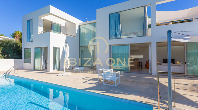Contemporary luxury villa with amazing view and sunset in Can Rimbau for rent, Ibiza