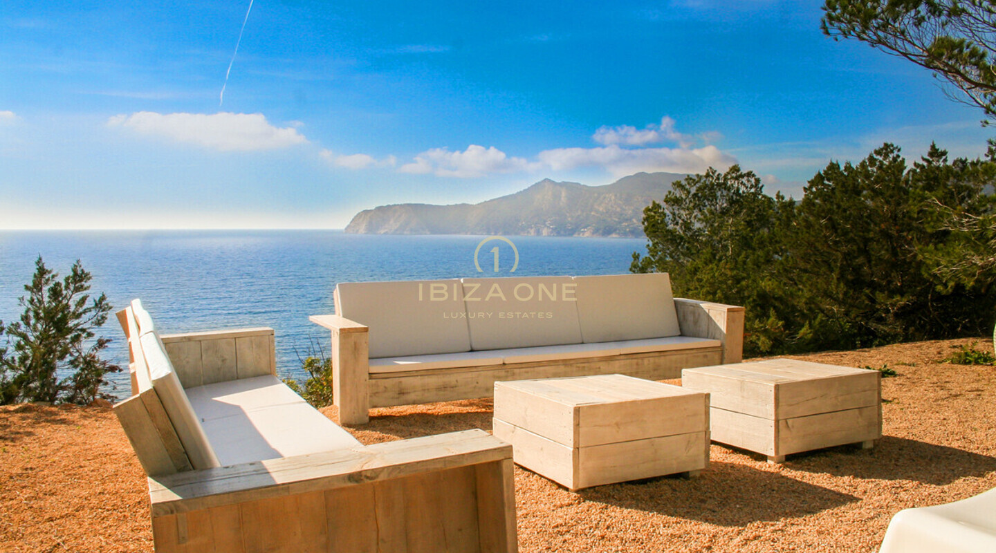 Luxury seafront villa with 350 meters sea frontage and sea access for rent in the prime location of Porroig, Ibiza