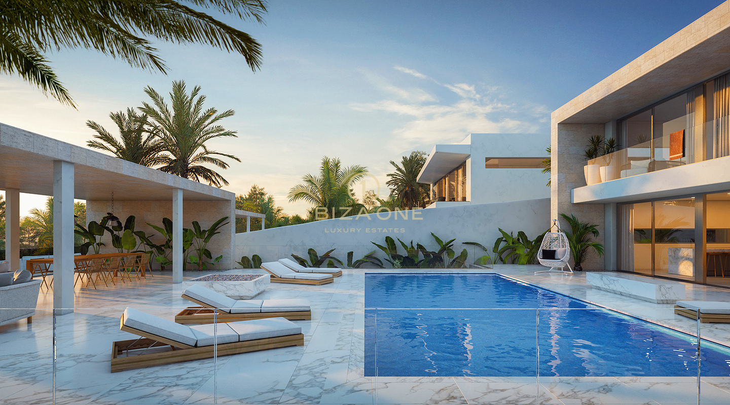 Gloednieuwe luxe villa's in de eerste lijn van de zee, panoramisch uitzicht op zee in Cap Martinet te koop, Ibiza