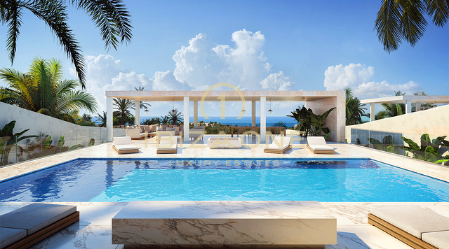 Gloednieuwe luxe villa's in de eerste lijn van de zee, panoramisch uitzicht op zee in Cap Martinet te koop, Ibiza