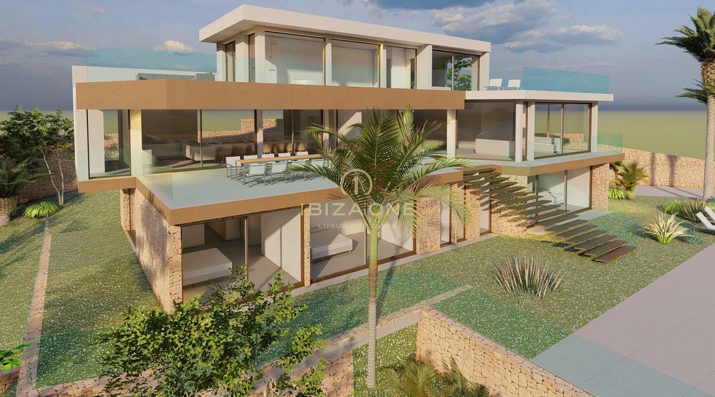 Wunderschönes Luxus-Villenprojekt mit spektakulärem Blick auf das Meer, die Burg und herausragendem Blick auf den Sonnenuntergang zu verkaufen, Ibiza