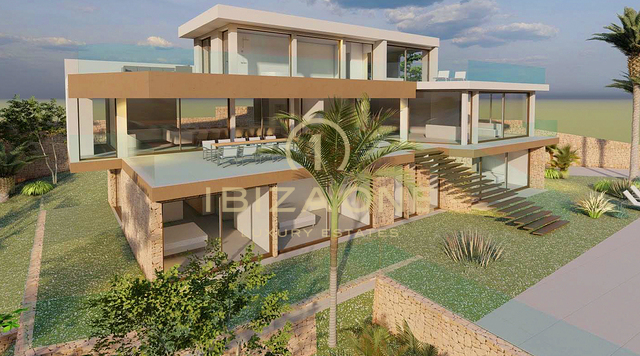 Bellissimo progetto di villa di lusso con vista spettacolare sul mare, sul castello e sul tramonto in vendita, Ibiza