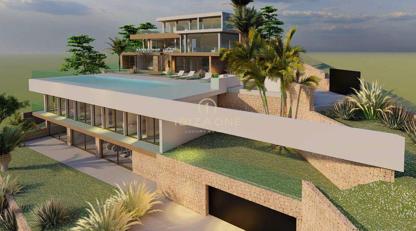 Precioso proyecto de villa de lujo con espectaculares vistas al mar, al castillo y espectaculares vistas del atardecer en venta, Ibiza