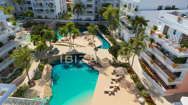 Apartamentos y áticos de lujo en primera línea de playa, a pocos pasos de la playa de arena más larga de Ibiza, en venta en Ibiza. Precios desde 855.000 € hasta 1.945.000 €.