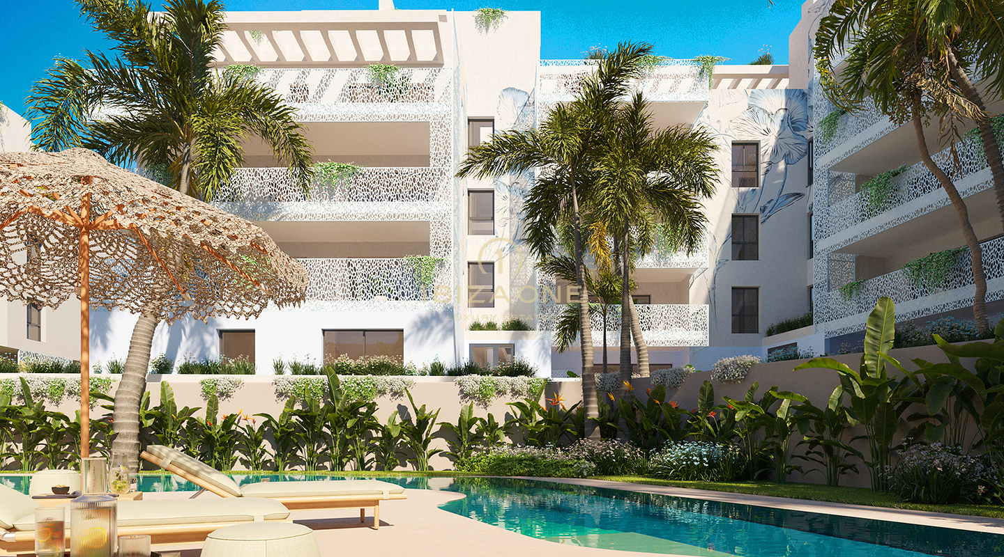 Appartements et penthouses de luxe en bord de mer, à deux pas de la plus longue plage de sable d'Ibiza, à vendre à Ibiza. Prix de 855 000 € à 1 945 000 €